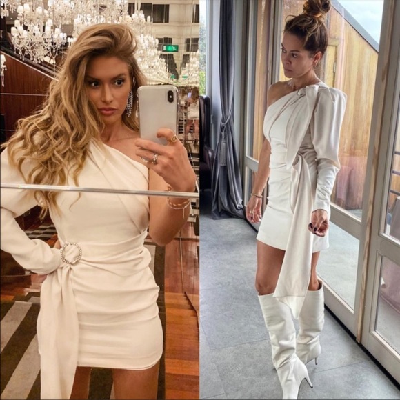 Ronny Kobo XS/S One-Shoulder Gathered Mini Dress Cream Cocktail Party Wedding - Picture 2 of 16